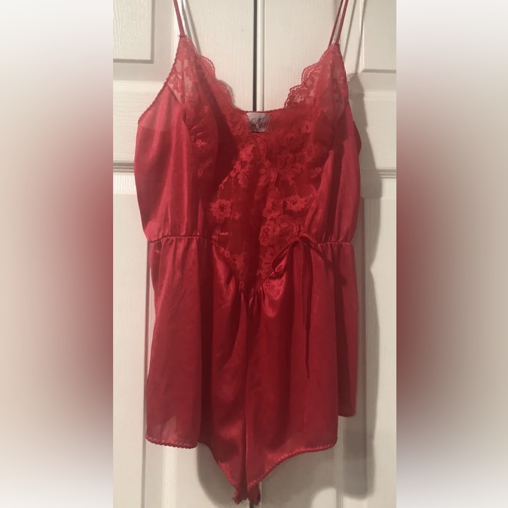 Cine Star Movie Star Vtg Red W/Lace Nylon Teddy One Piece Snap Crotch Sz-S USA